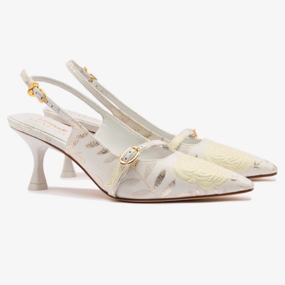 Larroude x Markarian Ines Ivory and Gold Brocade Slingback Heels